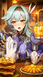  &quot;pile_&#039;em_up&quot;_(genshin_impact) bar_(place) black_gloves black_hairband blue_gloves blue_hair blue_necktie blush breasts commentary cup drinking_glass drunk eula_(genshin_impact) female food genshin_impact gloves hair_ornament hairband hands_up head_on_hand highres holding holding_cup indoors large_breasts light_particles long_sleeves looking_at_viewer medium_hair necktie open_mouth revision sauteed_matsukate_(genshin_impact) shibuki_kamone signature solo tavern two-tone_gloves upper_body white_sleeves wide_sleeves yellow_eyes 