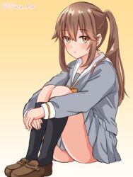  black_socks blush brown_eyes brown_footwear brown_hair crossed_bangs female full_body gradient_background grey_shirt grey_skirt highres knees_up loafers long_hair looking_at_viewer munbato_(watari_megumi) open_mouth otonari-san_(sasaki_to_p-chan) own_hands_together pleated_skirt ponytail sasaki_to_p-chan school_uniform shirt shoes sitting skirt socks solo thighs twitter_username yellow_background 