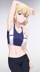  absurdres arm_behind_head armpits black_leggings blonde_hair breasts cha_hae-in expressionless feet_out_of_frame female groin hair_between_eyes hand_on_own_leg highres kiniro_tofu large_breasts leaning_to_the_side leggings looking_at_viewer navel purple_eyes short_hair simple_background solo solo_leveling sports_bra stomach 