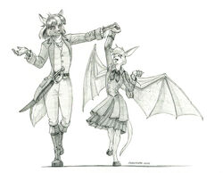  2024 anthro baron_engel bat bat_wings boots canid canine clothed clothing dancing dress duo dust:_an_elysian_tail eye_contact female footwear fox fur greyscale hair looking_at_another male male/female mammal melee_weapon membrane_(anatomy) membranous_wings monochrome nimbat open_mouth shoes spread_wings sword tail traditional_media_(artwork) valden_the_nimbat veiny_wings weapon wings 