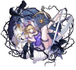  ankle_cuffs ark_order babydoll bare_legs bare_shoulders barefoot bed_sheet bird black_bow blonde_hair blue_eyes bow breasts bridal_garter crow crown crystal female flower full_body hairbow hatoyama_itsuru large_breasts looking_at_viewer lying official_art on_back open_mouth pillow purple_babydoll rose sleeping_beauty sleeping_beauty_(ark_order) sleeping_beauty_(character) solo spindle spinning_wheel thorns transparent_background variant_set white_flower white_rose wrist_cuffs 