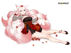  :o alternate_hair_color animal_ear_fluff animal_ears ankle_bell autumn_leaves black_dress black_footwear breasts cleavage cleavage_cutout closers clothing_cutout copyright_name dress ear_down female fox_ears fox_girl fox_tail full_body hand_up highres kitsune kyuubi large_breasts layered_dress leaf leaf_on_head levia_(closers) logo long_hair long_sleeves low_twintails lying lying_on_tail maple_leaf multiple_tails no_pupils official_art on_back pink_tail purple_eyes red_dress rubbing_eyes see-through see-through_sleeves sleepy solo tail twintails two-tone_dress uneven_eyes white_background white_hair 