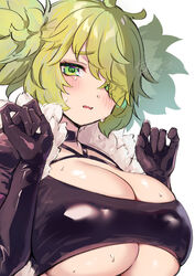  black_choker black_gloves blush breasts calm_mashiro choker cleavage dark_hunter dark_hunter_5 eyes_visible_through_hair female gloves green_hair hair_over_one_eye huge_breasts messy_hair sekaiju_no_meikyuu sekaiju_no_meikyuu_1 sekaiju_no_meikyuu_hd simple_background solo underboob upper_body white_background 