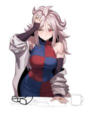  absurdres android_21 breasts closed_mouth coat cup curvy dragon_ball dragon_ball_fighterz dress female highres jewelry lab_coat large_breasts long_hair long_sleeves looking_at_viewer mug one_eye_closed papers pen red_eyes ring scratching_head simple_background solo standing white_background white_coat white_hair zequung 