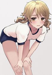  bare_legs blue_buruma blush brown_hair buruma drill_hair earrings feet_out_of_frame female gym_shirt gym_uniform hands_on_own_knees highres idolmaster idolmaster_cinderella_girls jewelry leaning_forward looking_at_viewer morikubo_nono shirt short_sleeves simple_background solo stud_earrings sweat yuzuhota0313 