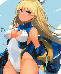  alice_gear_aegis araime_yasuri bare_shoulders blonde_hair blue_eyes blunt_bangs blush breasts cleavage_cutout clothing_cutout covered_navel dark-skinned_female dark_skin female gloves groin highleg highleg_leotard highleg_swimsuit highres jacket leotard long_hair looking_at_viewer medium_breasts open_mouth solo sunday_aki swimsuit white_leotard 