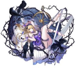  ankle_cuffs ark_order babydoll bare_legs bare_shoulders barefoot bed_sheet bird black_bow blonde_hair blue_eyes bow breasts bridal_garter crow crown crystal female flower full_body hairbow hatoyama_itsuru large_breasts looking_at_viewer lying official_art on_back open_mouth pillow purple_babydoll rose sleeping_beauty sleeping_beauty_(ark_order) sleeping_beauty_(character) solo spindle spinning_wheel thorns transparent_background variant_set white_flower white_rose wrist_cuffs 