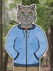  3:4 anthro blue_clothing blue_hoodie blue_topwear citrusseed clothing digital_drawing_(artwork) digital_media_(artwork) dilution domestic_cat felid feline felis forest forest_background fur green_eyes grey_body grey_fur hand_in_pocket hi_res highlights_(coloring) hoodie khaki_pants male mammal mottled mottled_body mottled_fur nature nature_background orange_clothing orange_shirt orange_topwear outline pink_nose plant pockets shaded shirt signature smile smiling_at_viewer solo topwear tortoiseshell_cat tree whiskers white_outline white_sclera 