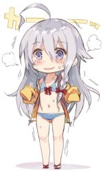  @_@ ahoge bikini blue_bikini blush braid collarbone female flat_chest full_body grey_eyes grey_hair hair_between_eyes head_steam hoshi_syoko idolmaster idolmaster_cinderella_girls idolmaster_cinderella_girls_starlight_stage jacket ketunyan long_hair long_sleeves looking_at_viewer motion_lines navel off_shoulder open_clothes open_jacket open_mouth red_footwear shy side_braid simple_background single_braid sleeves_past_fingers sleeves_past_wrists smile solo standing sweat swimsuit very_long_hair wavy_mouth white_background yellow_jacket 