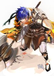  1boy armor axe battle_axe blood blue_eyes cape commentary_request crack cracked_floor fire_emblem fire_emblem:_path_of_radiance fire_emblem_heroes gloves headband holding holding_axe holding_weapon ike_(brave_mercenary)_(fire_emblem) ike_(brave_mercenary)_(resplendent)_(fire_emblem) ike_(fire_emblem) injury male_focus nanathuika official_alternate_costume pauldrons short_hair shoulder_armor single_pauldron two-sided_cape two-sided_fabric weapon 