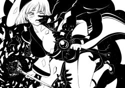  absurdres blush breasts chinese_commentary cleavage commentary_request darkness dual_wielding extra_hands female foot_out_of_frame greyscale hand_in_another&#039;s_mouth high_contrast highres holding holding_staff large_breasts long_sleeves monochrome obi one_eye_closed open_mouth ragnarok_online sash shoes short_hair socks solo soul_ascetic_(ragnarok_online) staff zzk0926 