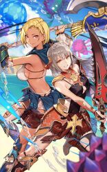  2girls armor asymmetrical_clothes atelier_(series) atelier_escha_&amp;_logy atelier_resleriana axe back-to-back battle_axe bikini_armor blonde_hair blue_capelet breasts capelet clothing_cutout dark-skinned_female dark_skin faulds grey_hair highres holding holding_axe holding_sword holding_weapon huge_weapon hungry_clicker juna_waitz juna_waitz_(valkyrie_in_the_sky) knee_pads linca_(eighth)_(atelier) linca_(eighth)_(valkyrie_of_the_sun)_(atelier) long_hair looking_at_viewer medium_breasts multiple_girls non-web_source official_alternate_costume official_art orange_eyes pauldrons pink_eyes short_hair shoulder_armor sideboob single_pauldron smile sword underboob_cutout weapon 