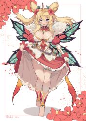  armband bobmob_suponge breasts butterfly_wings clothes_lift double_bun dress fairy female flower green_eyes hair_bun hibiscus highres horns insect_wings large_breasts leaf_wings pointy_ears puffy_sleeves puzzle_&amp;_dragons red_dress rosalyn_(p&amp;d) single_horn skirt skirt_lift solo wings 