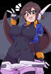  absurdres aile_(mega_man_zx) black_bodysuit black_eyes blue_jacket blush bodysuit bodysuit_under_clothes breasts brown_hair buzzlyears clothes_pull cropped_jacket female grey_background highres huge_breasts jacket long_hair looking_at_viewer mega_man_(series) mega_man_zx mega_man_zx_advent open_clothes open_jacket ponytail ringed_eyes robot_ears shorts shorts_pull solo v white_shorts 