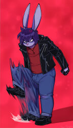  anthro arthur_(lapinbeau) boots bottomwear clothing cross-popping_vein denim denim_bottomwear denim_clothing fingerless_gloves footwear fur gloves hair half-closed_eyes handwear hi_res jacket jeans lagomorph leather leather_clothing leather_jacket leather_topwear leporid male mammal narrowed_eyes naughtyjester pants purple_body purple_fur purple_hair rabbit red_background shoes simple_background solo thumping topwear 