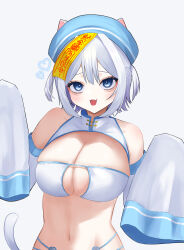  :3 absurdres animal_ears bags_under_eyes bikini blue_eyes blue_hat blush breasts cat_ears cat_girl cleavage collar commentary_request detached_collar detached_sleeves ears_through_headwear eyepatch_bikini female hair_intakes halloween_costume hat highres jiangshi_costume large_breasts looking_at_viewer maimai_(game) milk_(maimai) navel oerba_yun_fang ofuda open_mouth short_hair simple_background skin_fang sleeves_past_fingers sleeves_past_wrists smile solo swimsuit tt_(mmk_lr) two_side_up upper_body white_background white_bikini white_collar white_hair white_sleeves 