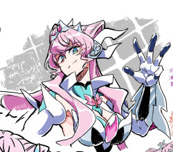  armor blue_eyes blush breasts cleavage female hair_between_eyes huge_breasts large_breasts long_hair looking_at_viewer maria_cadenzavna_eve pink_hair power_armor power_suit senki_zesshou_symphogear smile solo takatsuki_nato undersuit very_long_hair 