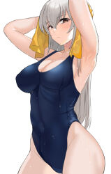  ashita_(2010) blue_one-piece_swimsuit blush breasts brown_eyes cleavage closed_mouth covered_navel female grey_hair idolmaster idolmaster_cinderella_girls large_breasts long_hair looking_at_viewer one-piece_swimsuit simple_background solo standing swimsuit takamine_noa thighs wet wet_clothes wet_swimsuit white_background 