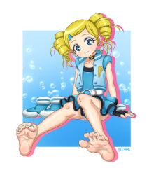  absurdres barefoot black_gloves blonde_hair blue_eyes blue_nails blue_vest blush bright_pupils curly_hair drill_hair earrings female fingerless_gloves gloves goutokuji_miyako hair_ornament hairclip highres jewelry looking_at_viewer nail_polish powerpuff_girls_z rolling_bubbles shoes sitting smile soles solo tsukimaru_(ls_99ml) twin_drills vest white_pupils 