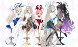  5girls absurdres ahoge animal_ears black_hair black_leotard blonde_hair blue_archive blue_eyes blue_leotard bow bowtie braid breasts brown_shawl cleaning_&amp;_clearing_(blue_archive) cleavage dark-skinned_female dark_skin detached_collar fake_animal_ears fake_tail fishnet_pantyhose fishnets glasses gloves hair_over_one_eye halo highleg highleg_leotard highres jacket large_breasts leotard long_hair looking_at_viewer mo2upoyo mole multiple_girls pantyhose plaid_clothes plaid_shawl playboy_bunny purple_halo rabbit_ears rabbit_tail red_eyes red_leotard shawl smile strapless strapless_leotard sukajan tail white_leotard wrist_cuffs yellow_eyes 