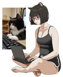  barefoot black_eyes black_hair black_shorts black_tank_top bob_cut breasts bright_pupils cat_girl commentary computer dolphin_shorts english_commentary expressionless feet feline female full_body glasses highres indian_style laptop medium_breasts original photo-referenced red-framed_eyewear reference_inset shiren_(ourboy83) shorts sitting soles solo tank_top toes white_background white_pupils 