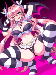  amesuku_gyaru bat_wings black_wings blush breasts cleavage demon_girl female green_eyes gyaru hair_between_eyes hair_ornament halloween huge_breasts kogal large_breasts long_hair looking_at_viewer maria_cadenzavna_eve necktie one_eye_closed open_mouth pink_hair senki_zesshou_symphogear solo spread_legs squatting thighhighs very_long_hair wings zetsumu 