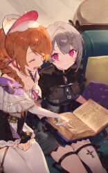  2girls :d atelier_(series) atelier_resleriana barrel black_capelet blue_eyes blush book braid breasts brown_hair capelet choker closed_eyes closed_mouth couch cowboy_shot detached_sleeves dress frilled_dress frills grey_hair hair_ornament hairclip hat highres holding holding_book indoors johanna_(atelier) long_hair long_sleeves looking_at_viewer medium_breasts mole mole_under_eye multiple_girls noco_(adamas) non-web_source official_art on_couch open_book open_mouth pink_choker pink_eyes pink_ribbon pointing resna_sternenlicht ribbon sitting smile thigh_strap thighhighs white_dress white_thighhighs 