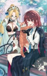  2girls ;d animal atelier_(series) atelier_marie atelier_resleriana atelier_sophie black_gloves black_jacket black_skirt blonde_hair blue_jacket blush breasts brown_eyes brown_hair collared_shirt copyright_notice feline glasses gloves grey_eyes highres holding holding_animal jacket jacket_on_shoulders long_sleeves makihitsuji marlone medium_breasts multiple_girls navel non-web_source official_alternate_costume official_art on_bench one_eye_closed parted_bangs pleated_skirt puffy_long_sleeves puffy_sleeves shirt skirt smile sophie_neuenmuller sophie_neuenmuller_(mighty_boss) suspender_skirt suspenders watermark web_address white_shirt white_skirt 