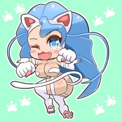  anthro ass black_kaneko blue_hair breasts capcom chibi darkstalkers exposed_ass felicia_(darkstalkers) felid feline female fur glistening glistening_body glistening_breasts glistening_butt hair looking_at_viewer mammal one_eye_closed pose solo tail white_body white_fur wink winking_at_viewer 