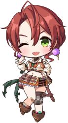  ;d ahoge atelier_(series) atelier_resleriana bandaid bandaid_on_knee bandaid_on_leg boots brown_footwear chibi cropped_shirt earrings female frilled_skirt frills full_body green_eyes hair_between_eyes hand_on_own_hip heidi_(atelier) jewelry knee_pads long_hair long_sleeves looking_at_viewer lowres non-web_source official_art one_eye_closed open_mouth orange_skirt puffy_long_sleeves puffy_sleeves red_hair shirt simple_background single_knee_pad skirt smile solo standing white_shirt 