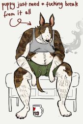  2024 4_fingers 4_toes absurd_res anthro arm_hair arrow_sign barefoot belly_nipples belly_overhang bent_arm bent_legs black_claws black_nose body_hair boxers_(clothing) bra breasts brown_body brown_fur bull_terrier butch_animal_(flockdog) canid canine canis cigarette cigarette_in_mouth cigarette_smoke claws clothing colored container cup digital_drawing_(artwork) digital_media_(artwork) domestic_dog drawer english_text feet female female_anthro fingers flockdog front_view fur furniture green_boxers green_clothing green_underwear grey_bra grey_clothing grey_sports_bra grey_underwear half-closed_eyes handpaw hi_res hunting_dog leg_hair looking_at_viewer mammal mug multicolored_body multicolored_fur narrowed_eyes nipples object_in_mouth on_furniture on_ottoman ottoman partially_clothed_anthro partially_clothed_female paws pink_nipples simple_background sitting slightly_chubby slightly_chubby_anthro slightly_chubby_female slouching smoke smoking smoking_cigarette solo sports_bra spread_legs spreading tan_inner_ear terrier text text_on_mug thick_thighs thin_eyebrows toe_claws toes trans_(lore) trans_woman_(lore) underwear whisker_spots white_background white_body white_fur yellow_eyes 