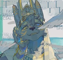  2024 anthro anubian_jackal anubis biped black_body black_fur blue_eyes canid canine canis cover deity egyptian_mythology fur heterochromia hi_res jackal looking_at_viewer magazine_cover male mammal middle_eastern_mythology mythology solo viosgit yellow_eyes 