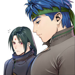  2boys artist_name blue_eyes blue_hair blush commentary english_commentary facial_mark fire_emblem fire_emblem:_radiant_dawn forehead_mark girl_staring_at_guy&#039;s_chest_(meme) green_hair green_headband headband highres ike_(fire_emblem) large_pectorals long_hair looking_at_pectorals male_focus meme multiple_boys muscular muscular_male pectorals red_eyes short_hair simple_background snowscapism soren_(fire_emblem) upper_body white_background 