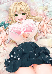  absurdres asahino_futaba black_skirt blonde_hair blush bow bra breasts clothes_lift earrings female frilled_bra frilled_pillow frills gal_nipa-chan_wa_semararetai green_bow green_eyes highres jewelry large_breasts long_hair looking_at_viewer lying mole mole_on_leg on_back on_bed open_clothes open_mouth open_shirt outstretched_arms panties pantyshot partially_unbuttoned pillow pink_bra pink_panties shirt skirt skirt_lift smile solo umeyama_tarako underwear white_shirt 