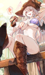  absurdres adjusting_clothes adjusting_headwear alternate_costume american_flag american_flag_bikini american_flag_print armpits bikini blue_archive boots breasts brown_boots brown_gloves brown_hat burger commentary_request cowboy_boots cowboy_hat demon_girl demon_tail demon_wings female flag_print flag_print_bikini food gloves hair_between_eyes halo haruna_(blue_archive) hat highres holding holding_burger holding_food large_breasts long_hair navel on_railing one_eye_closed open_mouth print_bikini railing red_eyes red_halo single_wing sitting solo stomach sunnysideup swimsuit tail teeth upper_teeth_only white_hair wings 
