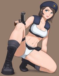  1girls abs alternate_outfit ass beret blue_eyes bob_cut boots bra breasts brown_hair capcom cleavage crouching earpiece gun jill_valentine jill_valentine_(julia_voth) kneeling panties resident_evil resident_evil_remake shigenobu shoulder_pad text 