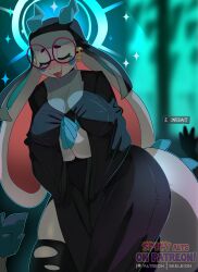  2025 angela_flux anthro artist_name atlyss biped blue_body blue_horn blue_tail breasts closed_eyes detailed_background digital_drawing_(artwork) digital_media_(artwork) dragon eyewear female fingers glasses hi_res horn hybrid imminent_injury kobold kubold_(atlyss) multicolored_body multicolored_tail mythological_creature mythological_scalie mythology nun_outfit open_mouth open_smile patreon patreon_logo poon_(atlyss) scalie skeleion smile solo standing tail text tongue white_body white_tail 