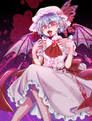  adapted_costume ascot bat_wings blood blood_splatter blue_hair brooch collar collared_dress crossed_legs dress fangs female fishnet_gloves fishnet_pantyhose fishnets frilled_collar frilled_dress frills full_body gloves glowing glowing_eyes gradient_background hat highres jewelry long_ribbon looking_at_viewer mob_cap open_mouth pantyhose pink_dress pink_eyes pointy_ears puffy_short_sleeves puffy_sleeves purple_background red_ascot red_ribbon remilia_scarlet ribbon ribbon-trimmed_collar ribbon_trim saliva short_sleeves solo tokatokato touhou vampire waist_ribbon wings 