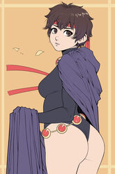  1girls asian asian_female ass boobs_and_butt_pose brown_eyes brown_hair cloak clothing_swap cosplay crossover crossover_cosplay dc female female_only headband leotard looking_at_viewer looking_back raven_(cosplay) sakura_kasugano solo solo_female street_fighter teen_titans triplexmile 