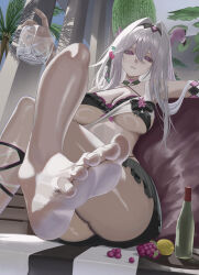  barefoot bikini black_bikini bottle breasts commentary_request crossed_legs cup feet female flamingo_raft food foot_focus fruit grapes hair_intakes highres holding holding_cup honkai_(series) honkai_impact_3rd ice ice_cube large_breasts lemon long_hair official_alternate_costume parted_lips purple_eyes sitting soles solo swimsuit thelema_nutriscu toes underboob vespar4 white_hair wine_bottle 