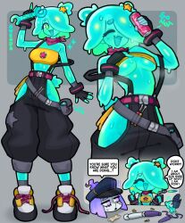 2girls :d ^_^ absurdres bandana bandana_around_neck belt black_pants breasts can character_name chibi chibi_inset closed_eyes commentary disembodied_head drink_can english_commentary english_text fingerless_gloves gloves green_eyes grey_background gwenda_(justadrian) hair_ornament hair_over_one_eye highres hip_vent holding holding_can justadrian_(yoadriandk) large_breasts monster_girl multiple_girls multiple_views oerba_yun_fang open_mouth original pants pouch puffy_pants robot_girl screwdriver shoes simple_background skin_fang slime_girl smile sneakers speech_bubble star-shaped_pupils star_(symbol) star_hair_ornament strapless suspenders suspenders_slip sweat symbol-shaped_pupils tail tube_top underboob untied_shoelaces v yellow_tube_top 