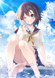  ;d barefoot blue_sailor_collar blue_skirt blush bottle breasts brown_hair feet female foot_out_of_frame idolmaster idolmaster_cinderella_girls knees_up legs neckerchief one_eye_closed pleated_skirt rocomani sailor_collar school_uniform serafuku shirt short_hair short_sleeves skirt sky smile soaking_feet soles tada_riina toenails toes water water_bottle yellow_neckerchief 