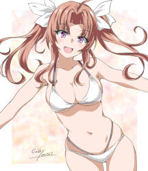  alternate_breast_size alternate_costume ass_visible_through_thighs bikini blush breasts brown_hair collarbone cowboy_shot dated female gakky hair_ribbon highres kagerou_(kancolle) kantai_collection long_hair medium_breasts purple_eyes ribbon signature smile swimsuit twintails two-tone_dress white_background white_bikini yellow_background 