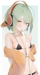  absurdres ahoge arms_behind_back bare_shoulders bikini black_bikini black_panties blush breasts chunithm covered_nipples detached_collar female green_hair groin hair_between_eyes headphones highres kisaragi_yaya looking_at_viewer micro_bikini mouth_hold navel off_shoulder open_clothes orange_eyes orange_headphones orange_shirt panties panty_pull ribbon ribbon_in_mouth shirt short_hair signature sky_feather_(chunithm) small_breasts solo swimsuit underwear undressing untying upper_body 