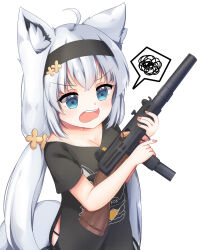  absurdres ahoge animal_ears annoyed black_hairband black_shirt blue_eyes breasts cleavage female fox_ears fox_girl fox_tail grandapple71 gun gun_malfunction hairband hands_up highres holding holding_gun holding_weapon hololive long_hair looking_at_object low_twintails open_mouth shirakami_fubuki shirakami_fubuki_(loungewear) shirt short_sleeves simple_background solo spoken_squiggle squiggle submachine_gun tail teeth twintails upper_body upper_teeth_only uzi v-shaped_eyebrows very_long_hair virtual_youtuber weapon weapon_request white_background white_hair 