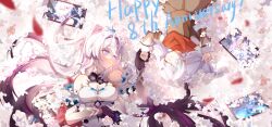  2girls absurdres anniversary bandage_on_face bandages bare_shoulders blue_eyes braid breasts brown_coat chinese_commentary closed_eyes coat commentary_request dou_zi_doki dress english_text field flower flower_field gradient_hair happy_anniversary highres holding_hands honkai_(series) honkai_impact_3rd kiana_kaslana kiana_kaslana_(herrscher_of_finality) kiana_kaslana_(herrscher_of_flamescion) long_hair looking_at_another lying multicolored_hair multiple_girls on_back picture_frame purple_hair purple_hands red_scarf scarf sleeping smile time_paradox twin_braids two-tone_hair very_long_hair white_dress white_flower white_hair 