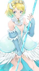  absurdres aqua_dress aqua_hair blonde_hair blue_eyes breasts brooch center_opening commentary detached_collar detached_sleeves dress english_commentary feather_trim female fire_emblem fire_emblem_heroes fjorm_(fire_emblem) fjorm_(ice_tribe)_(fire_emblem) gradient_hair hair_ornament highres holding holding_polearm holding_weapon jewelry kaphrin multicolored_hair official_alternate_costume polearm short_hair simple_background solo spear two-tone_hair weapon white_background 