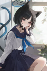  animal_ears bakeneko black_eyes black_hair black_nails black_sailor_collar blue_archive blue_halo blue_neckerchief cat_ears cat_tail choker female halo hand_on_own_face head_rest highres kikyou_(blue_archive) long_sleeves looking_at_viewer multiple_tails neckerchief pleated_skirt ribbon_choker s0104y sailor_collar school_uniform serafuku short_hair skirt solo tail two_tails 