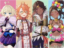  +_+ 2boys 2girls ahoge blonde_hair blue_eyes blue_shirt bracelet brother_and_sister brown_hair closed_eyes column_lineup cowboy_shot dark_skin eyeshadow fire_emblem fire_emblem_heroes fogado_(fire_emblem) grin heart heart_ahoge highres jewelry makeup merrin_(fire_emblem) miniskirt multiple_boys multiple_girls neck_ring orange_hair own_hands_together pandreo_(fire_emblem) pink_eyes purple_skirt robe shirt short_hair siblings skirt smile standing timerra_(fire_emblem) white_robe white_shirt yellow_eyes zqzbq 