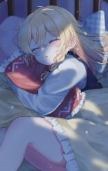  blanket blonde_hair blush braid closed_eyes commentary_request commission female head_on_pillow highres hugging_object kirisame_marisa long_hair long_sleeves lying no_headwear on_bed on_side open_mouth pillow side_braid single_braid skeb_commission sleeping solo touhou under_covers yamutarou 